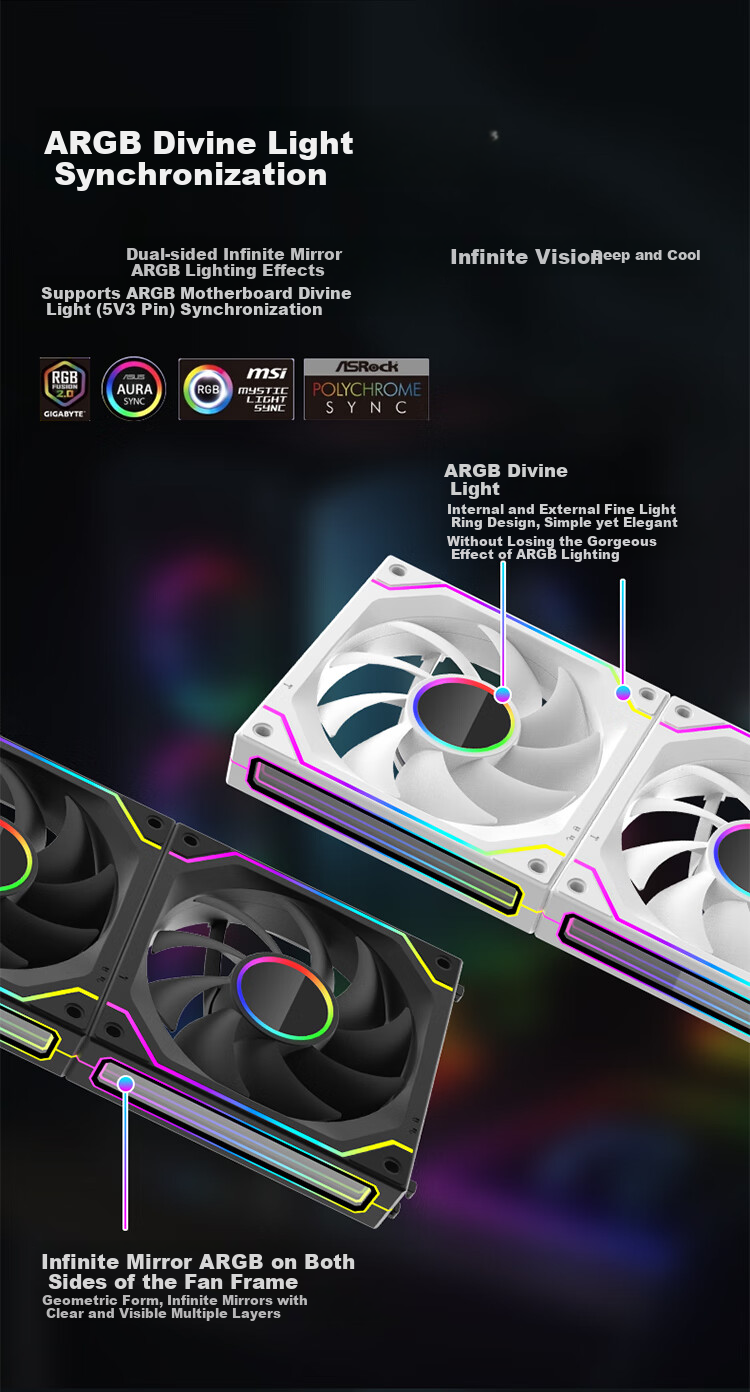 Ziyi LED Fan Case, 12cm Wireless Splicing, White Anti-Leaf ARGB Synchronized + PWM Temperature Control, Multi-Layer Mirror Fan ZY-626 4