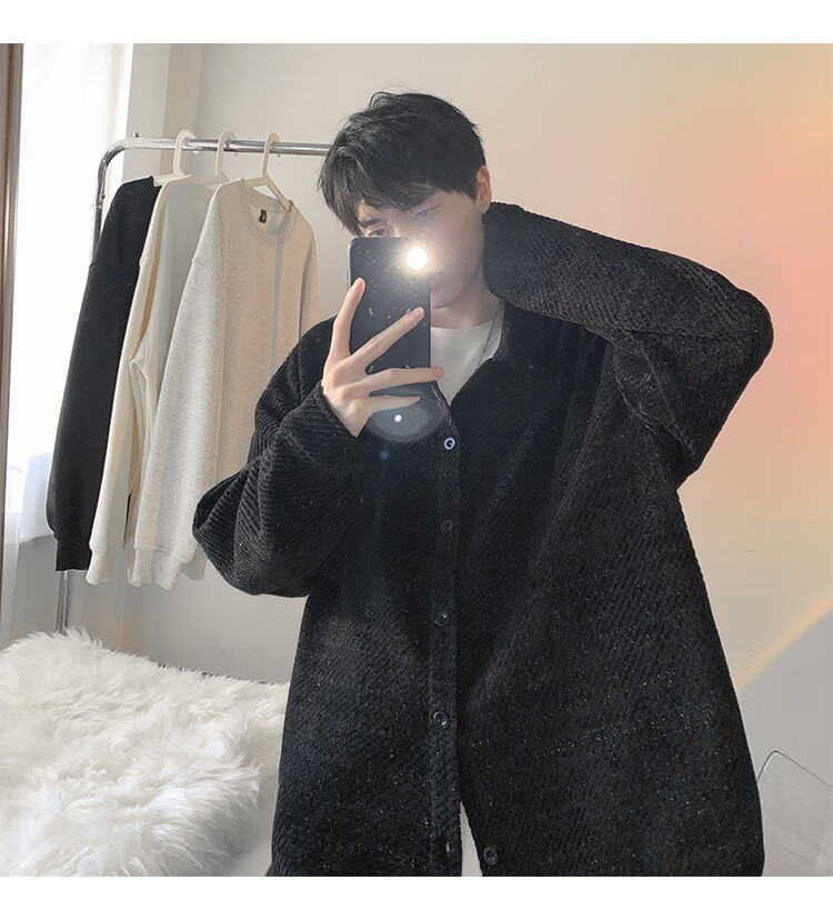 Dingfengbaoluo American Style Fishbone Pattern Jacket Men Autumn Lapel Loose Textured Casual Long Sleeve Shirt XJM65 Black M 11