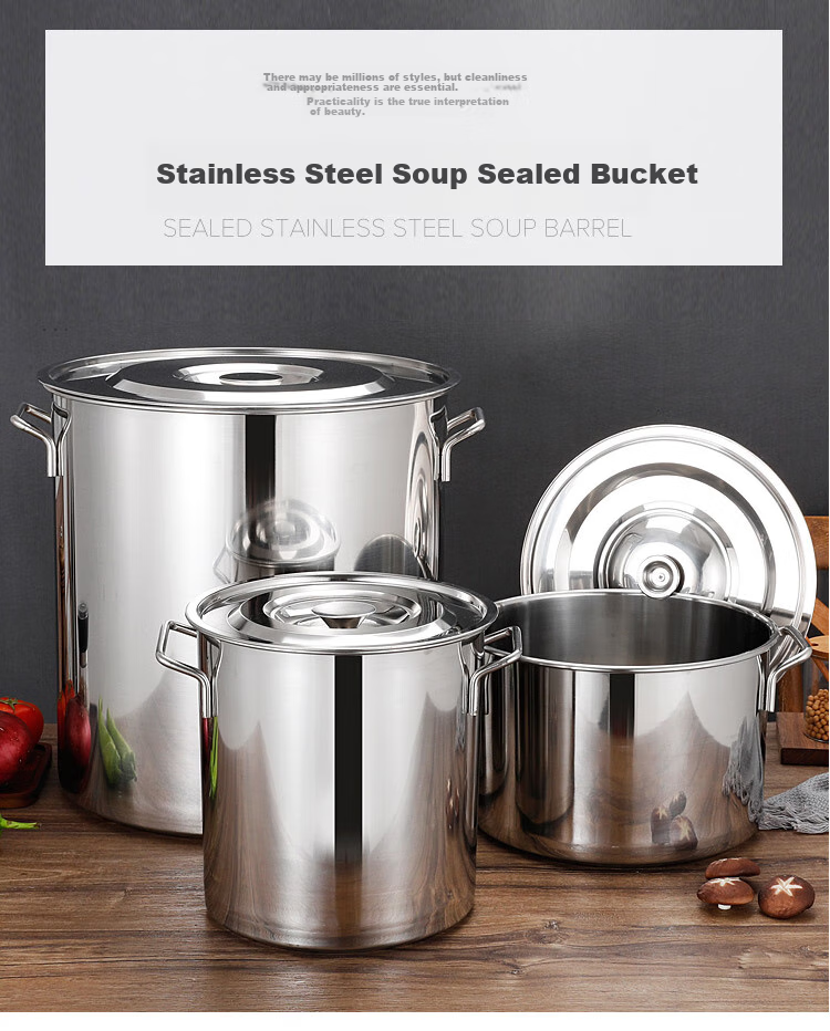Quanshi Stainless Steel Bucket with Lid, Thick Soup Bucket, Large Water Storage Container, 35*35cm, Commercial Kitchen Utensil for Canteen, Hotel And Restaurant Use 1