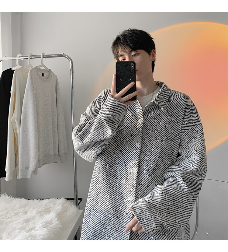 Dingfengbaoluo American Style Fishbone Pattern Jacket Men Autumn Lapel Loose Textured Casual Long Sleeve Shirt XJM65 Black M 22