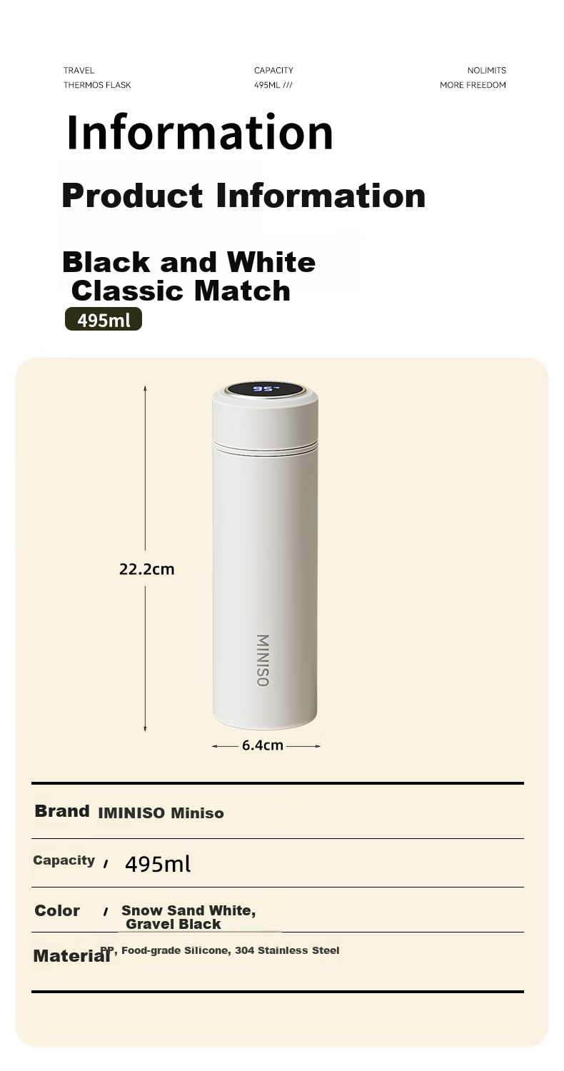 MINISO Large Capacity Insulated Water Bottle for Women High-End Portable Car Student Tea Cup Cloud White 495mL 10