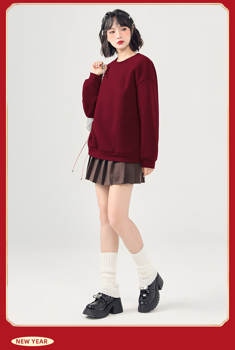 Jeanswest Women's Red Hoodie Autumn Winter 2026 Year of the Horse Loose Solid Color Fleece Lined Pullover 10