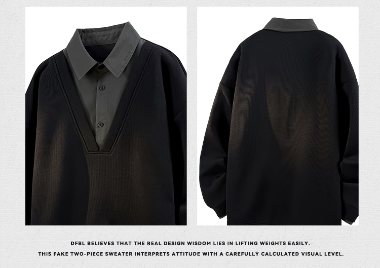 Dingfengbaoluo Men's Autumn Sweatshirt Fake Two-Piece Vintage Trendy Loose Pullover Casual Long Sleeve Shirt Collar XCD31 Black 5XL 6
