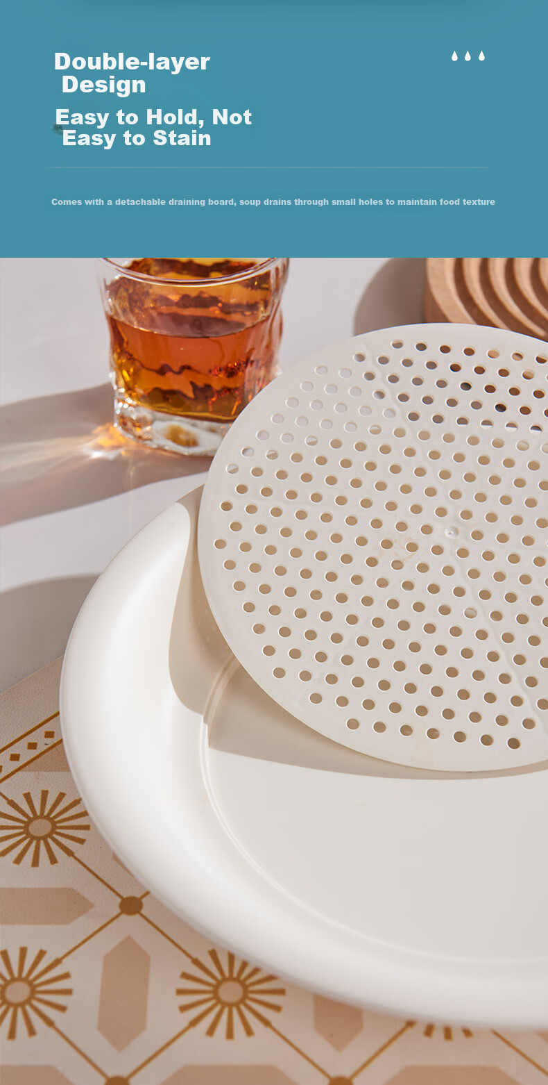 Xingfang Dumpling Plate, Double-Layer Draining Plate, Round Dumpling Plate with Vinegar Dish, Compartmented Snack Plate 6