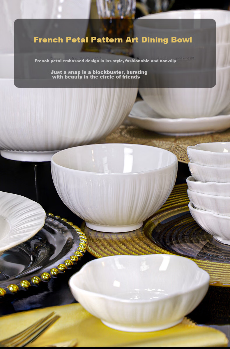 Huaqingge Ceramic Noodle Bowls, High Aesthetic Value, Pure White Embossed Simple Elegant Petal Pattern, 6 Inches, Set of 2, Suitable for Microwave And Dishwasher 7