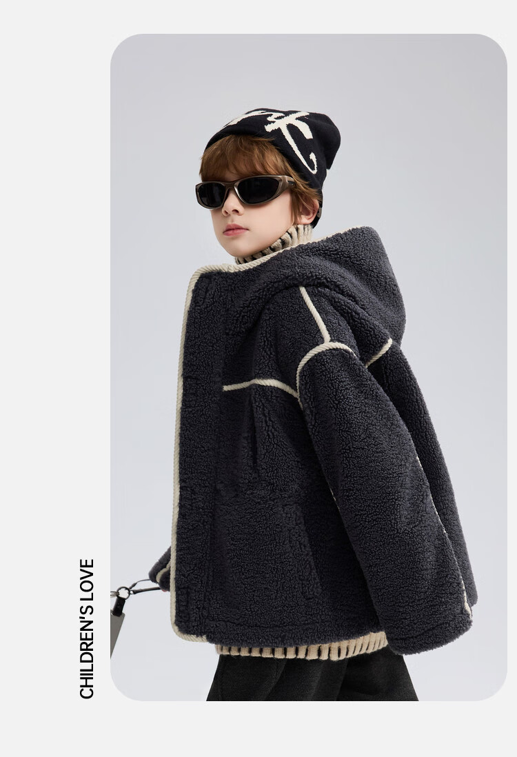ASK JUNIOR Kids Plush Jacket 2025 Winter Hooded Windproof Coat Boys Casual Loose Fleece 23