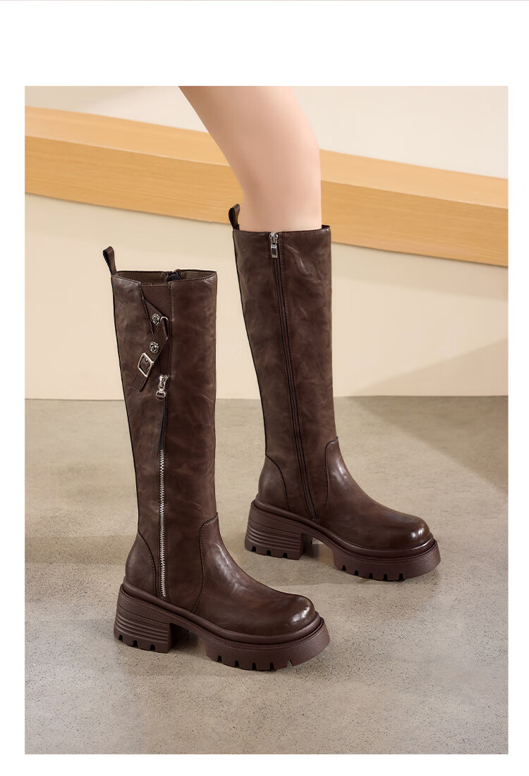 St&Sat Fleece-Lined Tall Boots Women 2025 New Winter Thick Sole Height Increasing Retro High Tube Denim Boots British Knight Long Boots 4