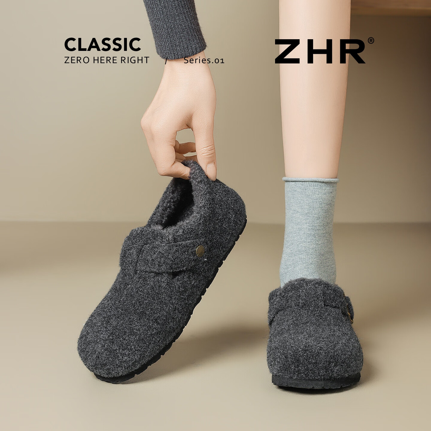 ZHR Women's Height Increasing Fleece-Lined Birkenstock Shoes New Warm Plush Cotton Fully Covered Snow Boots JQ07FFB Dark Gray Size 40
