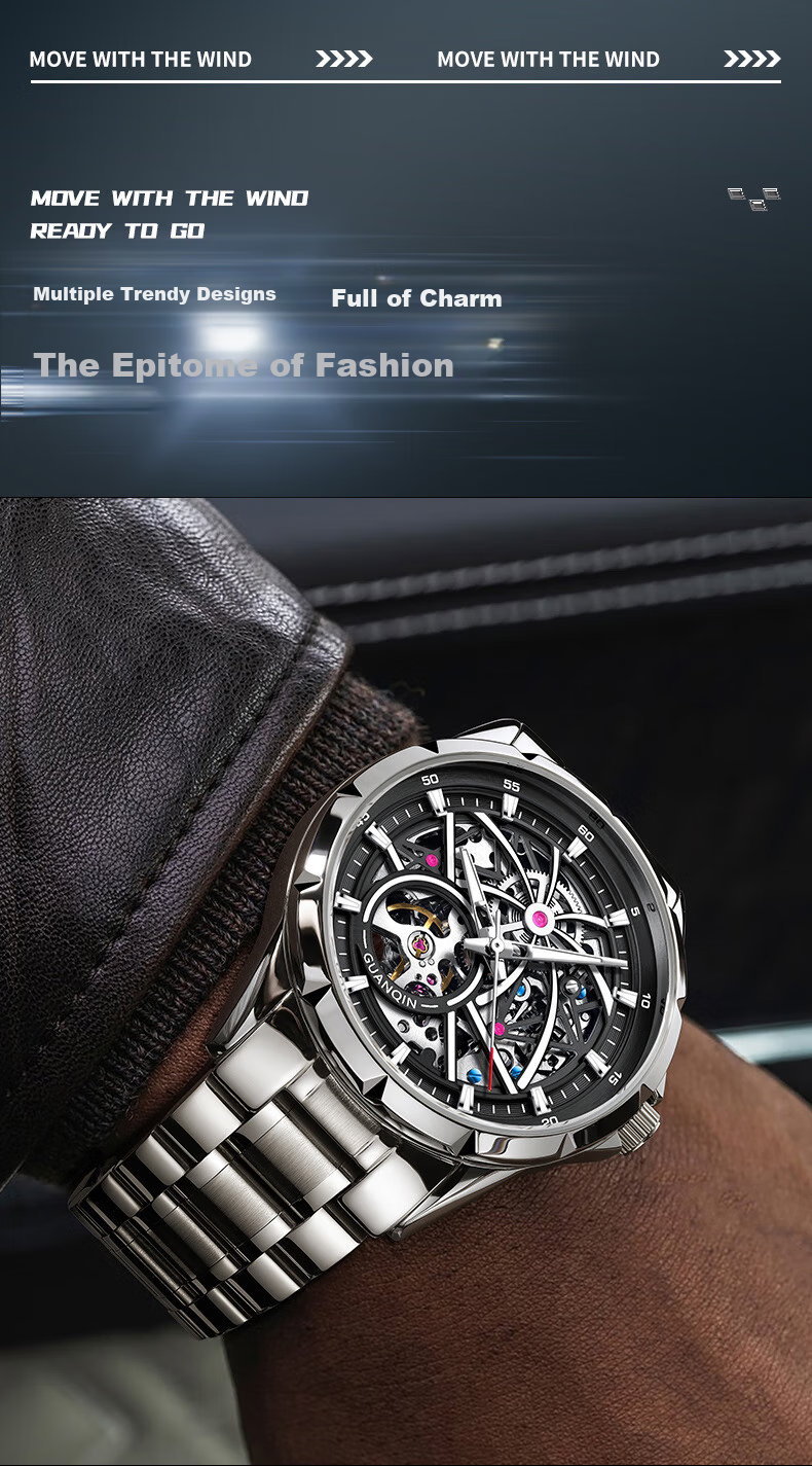 GUANQIN Men's Mechanical Watch, Swiss Certified Fully Automatic Skeleton Trendy Men's Watch, Fireworks Series Strong Luminous Famous Watch 13