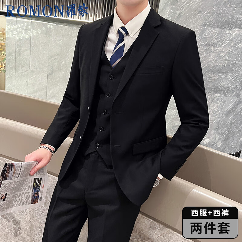 ROMON Men's Business Slim Fit Suit Set Professional Formal Groom Wedding Jacket Black 5XL