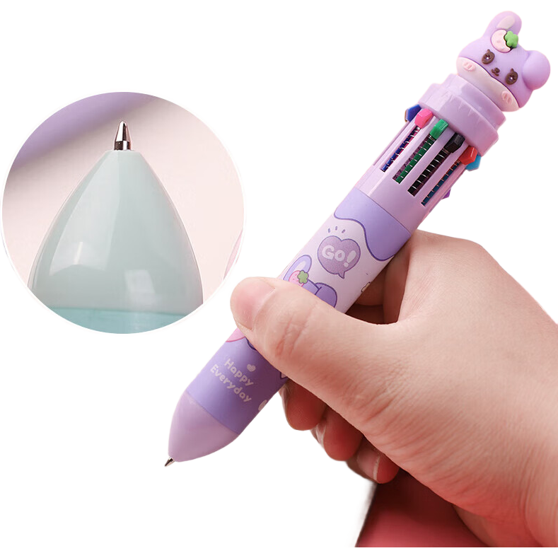 Licao Multi-Color 0.5mm Ballpoint Pen, Cartoon Colorful Pen, Push-Button Ten-Color Ballpoint Pen, Gift for Children, Creative Pen, Student Stationery, 1 Piece [Cute Panda Design]