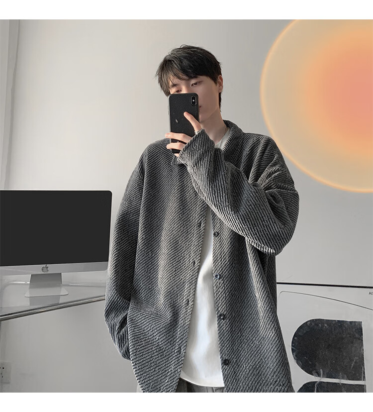 Dingfengbaoluo American Style Fishbone Pattern Jacket Men Autumn Lapel Loose Textured Casual Long Sleeve Shirt XJM65 Black M 9