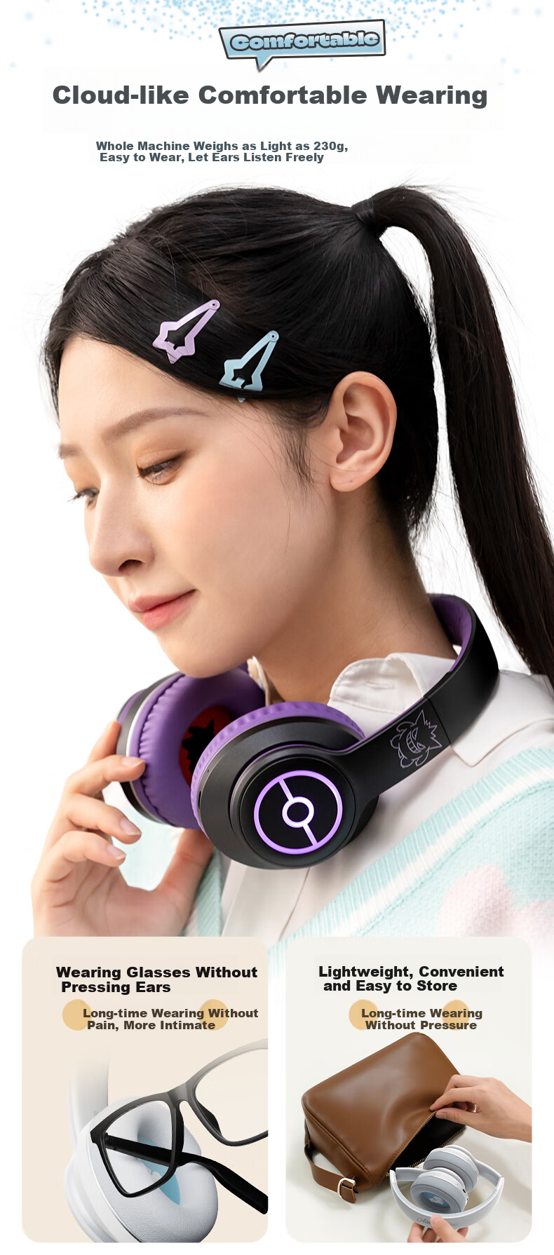 Chenfeng Pokemon Wireless Bluetooth Headphones with Long Battery Life, Gaming, Music, Sports Headphones, Birthday Gift, Compatible with Apple, Huawei, Xiaomi, Universal PM03 Arora Six Tails 5