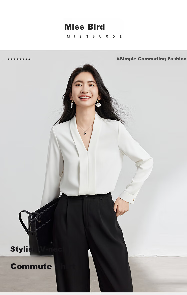 Bodexiaojie White V-Neck Blouse, Professional Women's Suit Inner Wear, Formal Attire for Interviews And Daily Commuting, Chiffon Shirt, Size L 1