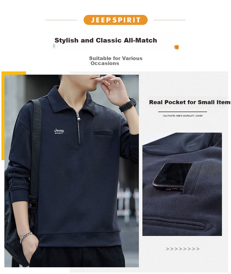 JEEP SPIRIT Men's Sweatshirt, Spring Season, Lapel Collar, Half-Zip, Loose Casual Top, Dark Gray, 4XL 1