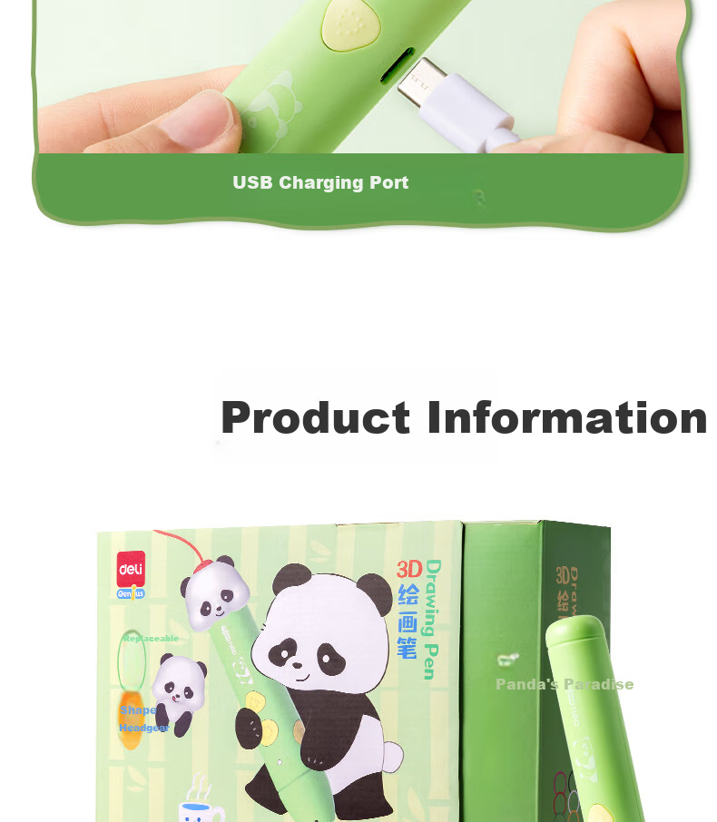 Deli Panda 3D Printing Pen, Dual-Speed Adjustment, 10 Consumables, USB Rechargeable, Back-To Toy, Children's Birthday Gift 14
