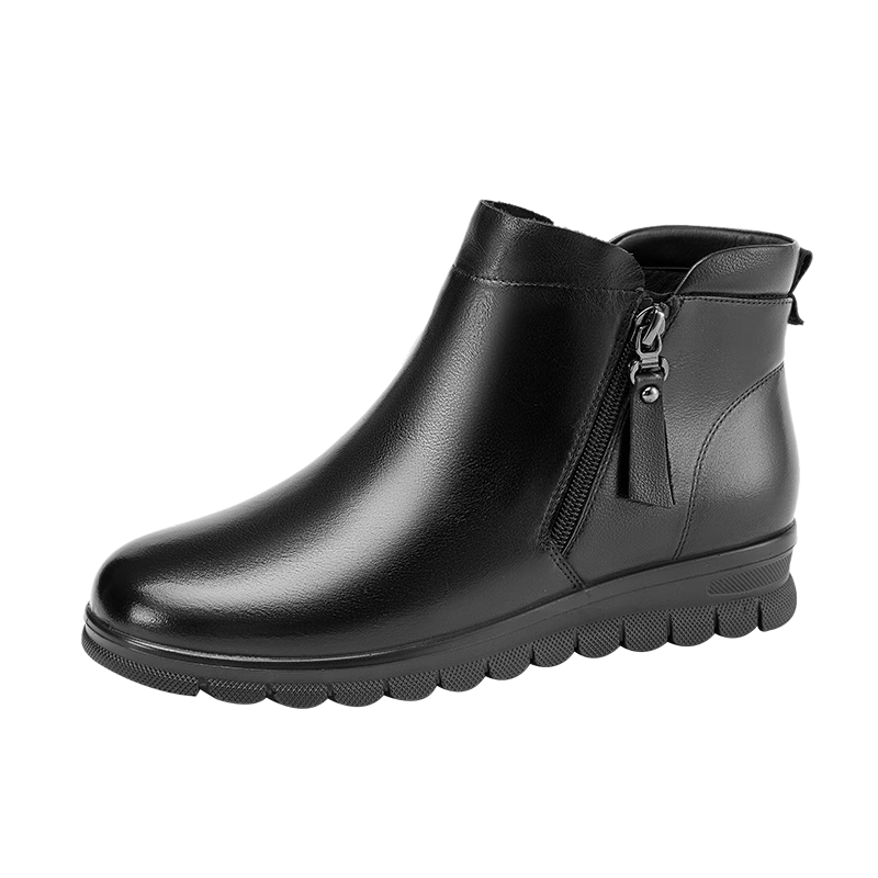 Aokang Women's Winter Flat Ankle Boots Leather Mom Shoes Fleece Lined Warm Cotton Shoes Non-Slip Middle-Aged and Elderly Cotton Shoes MT