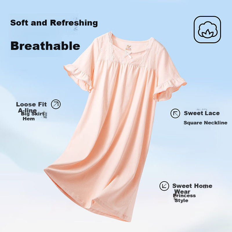 Dingguagua Girls' Nightgown, Summer Princess Style, Class A Pure Cotton Long Dress, Children's Pajamas, Loungewear, Parent-Child Dress, Light Pink, Size 130