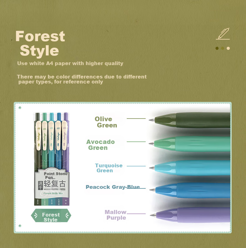 Dianshi Colorful Gel Pen, Vintage Style, 0.5mm Retractable, Bullet Tip, Student Planner Pen, Marker Pen, Writing Practice Pen, Black Pen, Back-To Essential, 099 Forest Series, 5 Colors 2