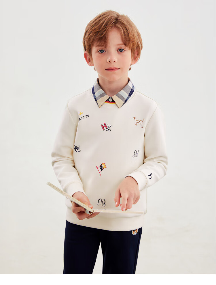 HAZZYS Brand Boys' Knitted Solid Color Double-Sided Embroidered Logo Sweatshirt, Spring New Style, Navy Blue, Size 130 2