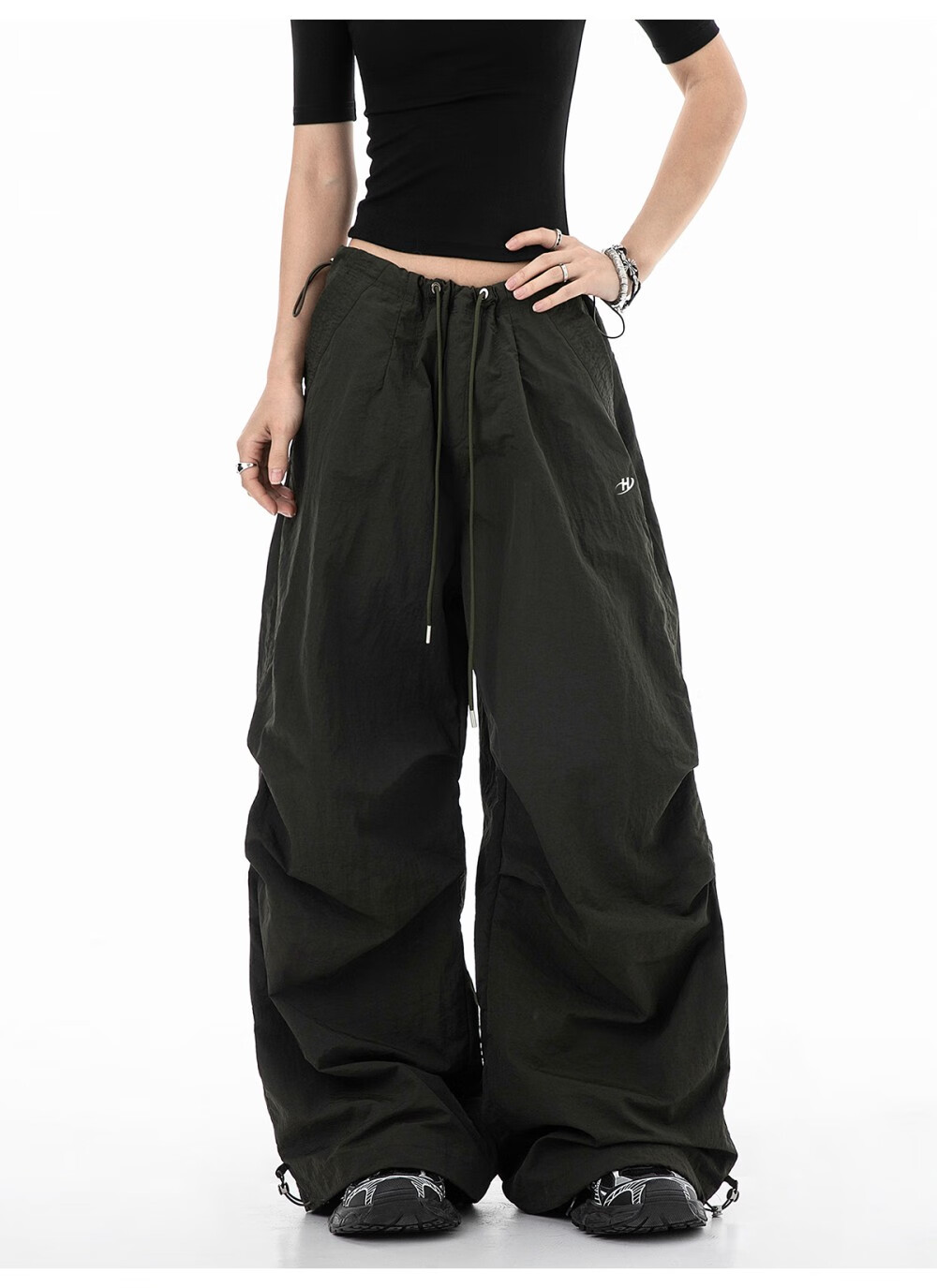 ICH MODE Women's American Style Paratrooper Cargo Pants Drawstring Sports Pants Straight Loose Wide-Leg Casual Pants Green M 2