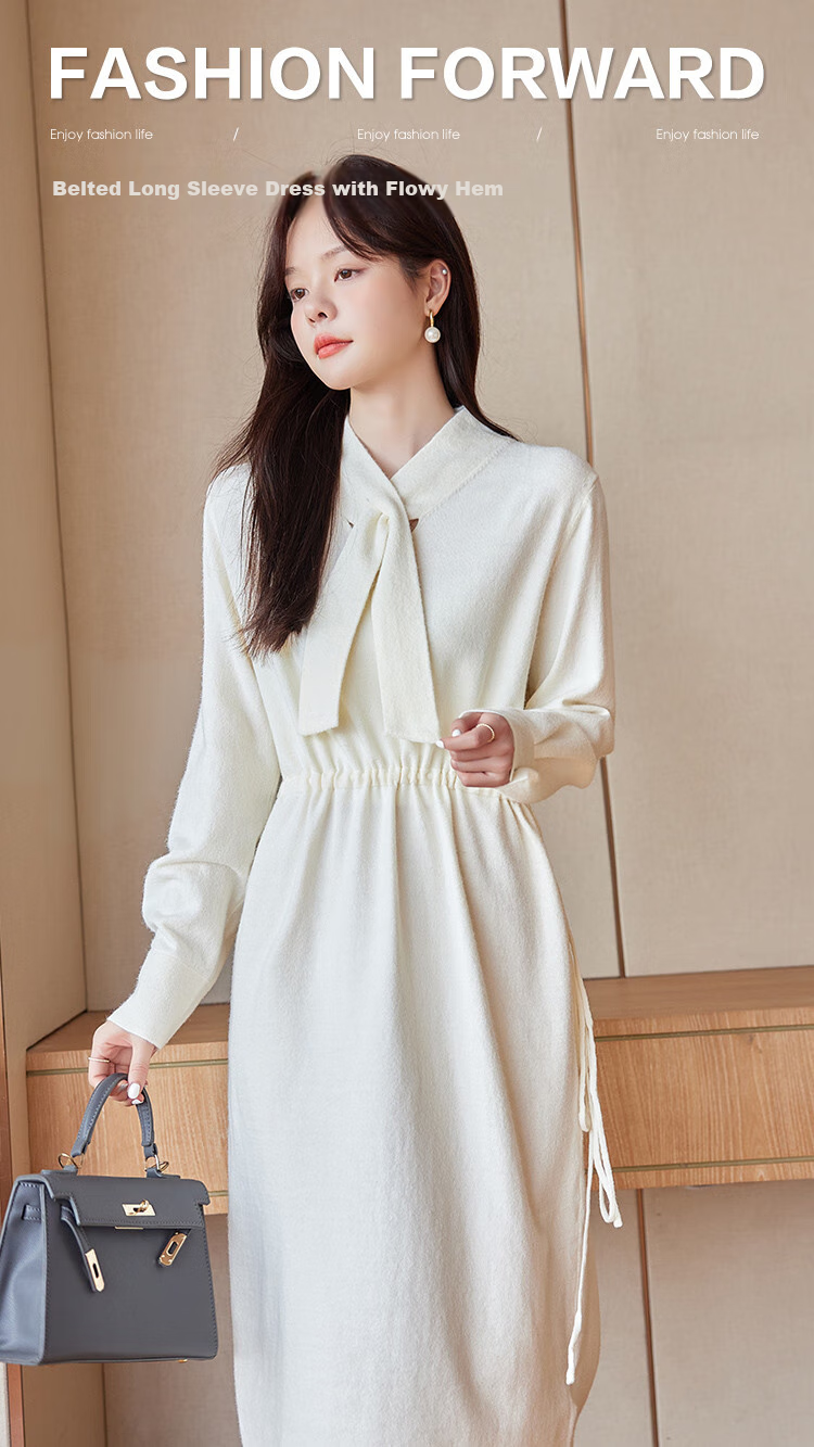 Mt [Pure White Jasmine] Spring And Autumn, Puff Sleeve Waist-Cinching Design, Gentle Office New Chinese-Style Knitted Dress 1