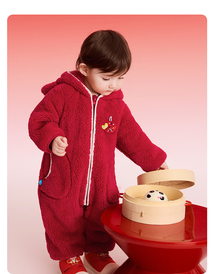 BALABALA 【balaOne】 Baby Toddler One-Piece Autumn Winter Romper Red New Year Greeting Warm Outfit 9