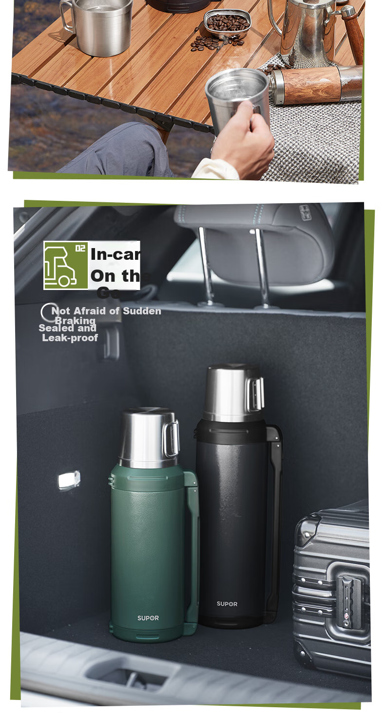 SUPOR Insulated Bottle, 316L Stainless Steel, Large Capacity Thermos, Car Water Bottle, Outdoor Travel Flask, Hot Water Bottle, 2.0L, Gree 14