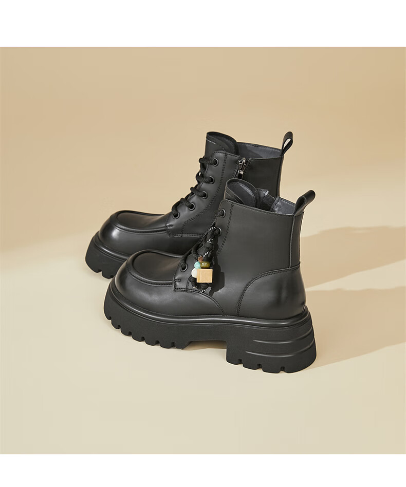 DAPHNE Women's Platform Martin Boots British Style Fleece-lined Versatile Ankle Boots Vintage Motorcycle Boots Black Size 37 8