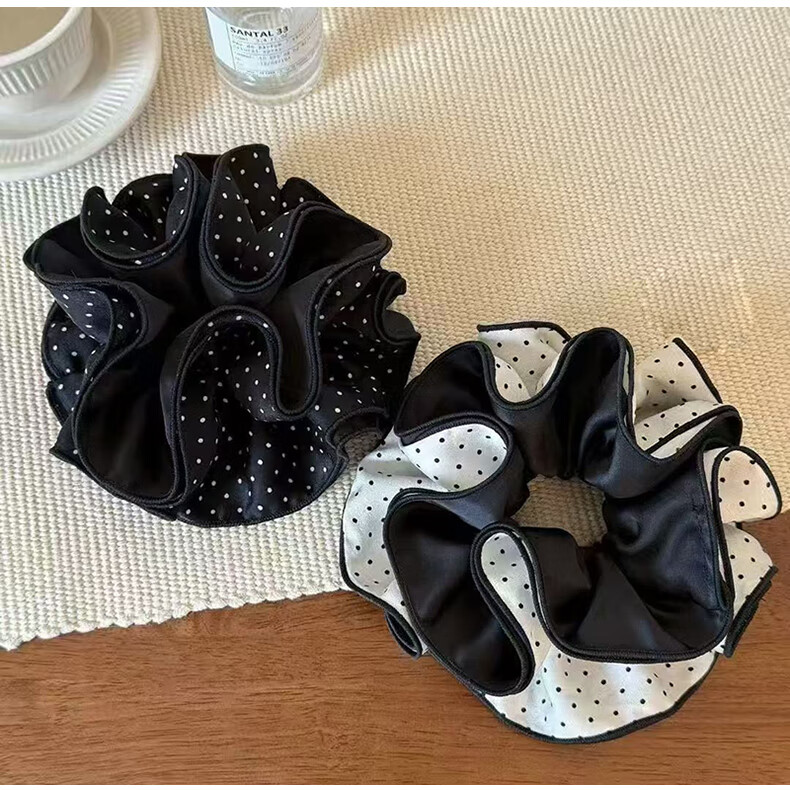 YeFeiLi Black and White Polka Dot Four-Layer Satin Large Scrunchie High-End Hair Accessory Bun Ponytail Hair Tie Elastic Band 6