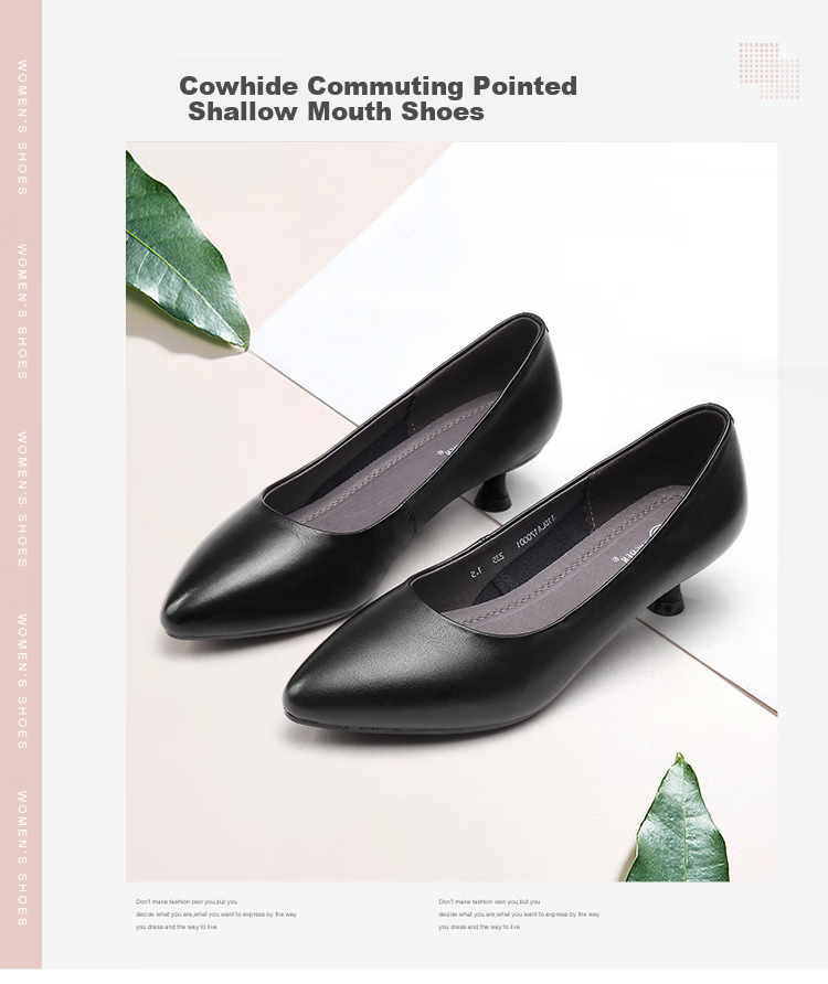 Qiangren Pointed Toe Women's Flats, Shallow Mouth Mid-Heel Breathable Leather Shoes, 4CM Work High Heels, JDLA170001, Black, Size 35 1