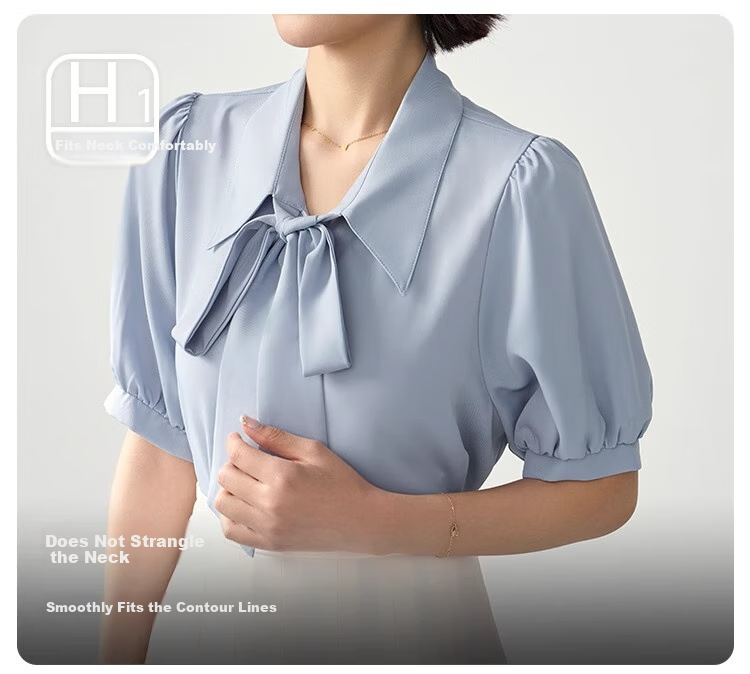 Bodexiaojie Blue Short-Sleeve Shirt for Women, Urban Daily Commute Outfit, Petite Chiffon Blouse, Interview Professional Shirt, Size S 3