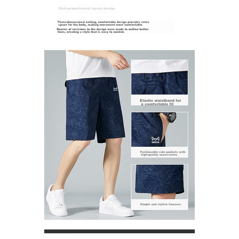 MiiOW Men's Shorts, Summer Pure Cotton American Trendy Straight-Leg Casual Loose Five-Point Pants, Blue, 2XL 3
