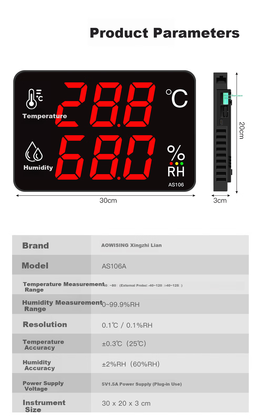 Xingzhilian Industrial-Grade Temperature And Humidity Meter with High-Precision Large Screen, Warehouse Workshop Factory Room Probe Alarm Display AS106A 9