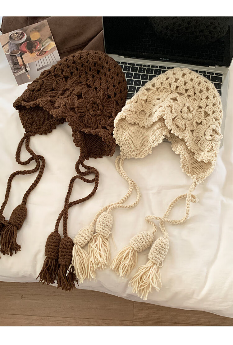 Ning'an Flower Tassel Red Wool Knit Beanie Women Autumn Winter Ear Protection Slim Face Chuanxi Travel Pullover Hat 12