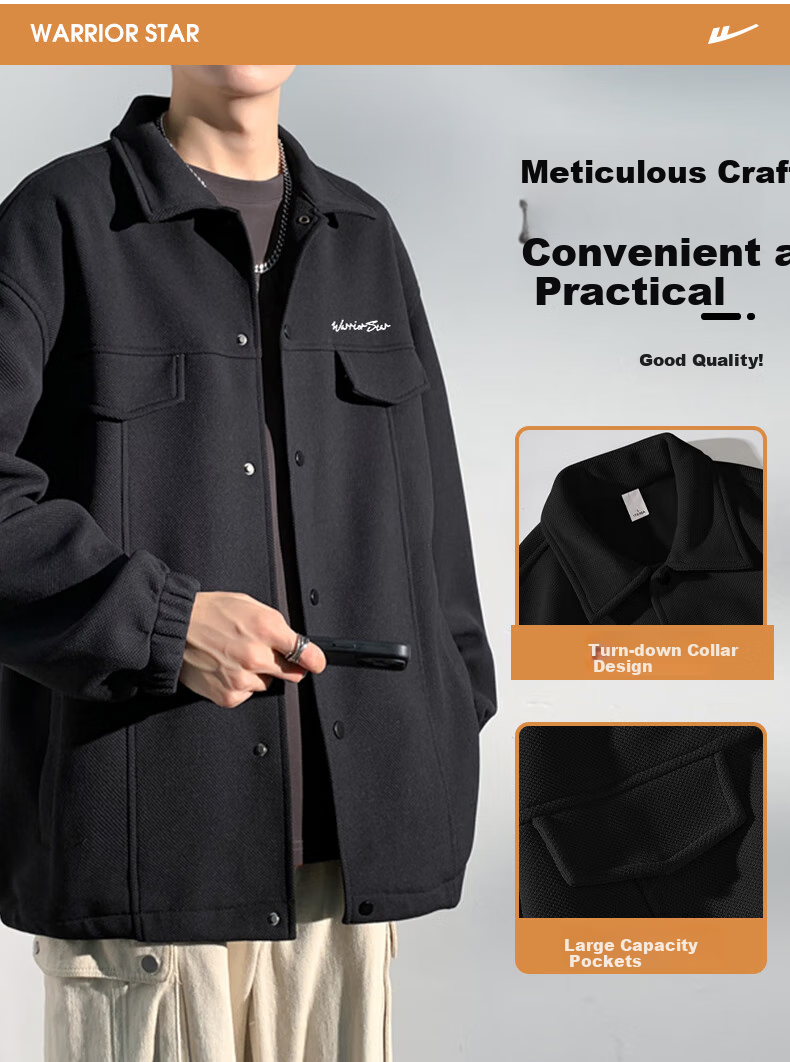 Huili Men's Jacket, Autumn Simple Lapel Casual Coat, Loose Versatile Windproof Outerwear, Black, 2XL 4