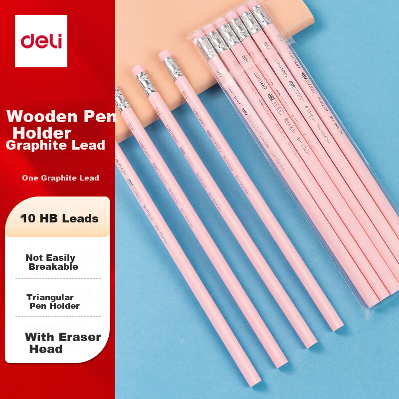 Deli 10 HB Pencils with Eraser Tips for Girls' Writing, Elementary School Students' Handwriting Practice, Easy Grip, Solid Color Series, Simple Packaging, HB Pencils (Pink), (10 Pieces/bag), Back-To Stationery