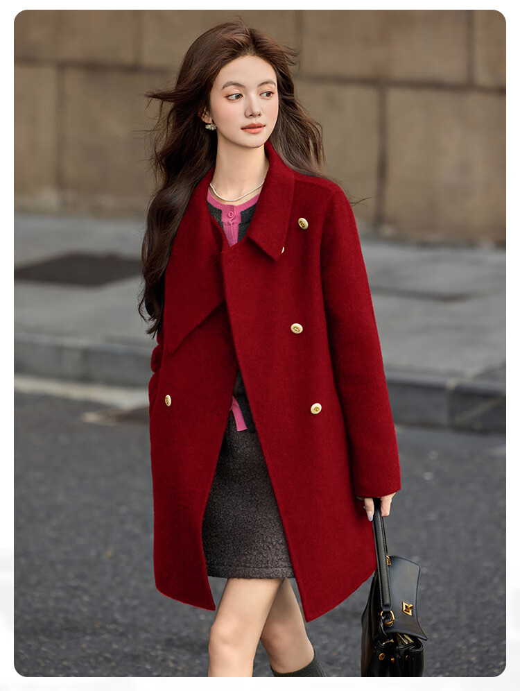 Bailuyu Qianjinfeng Wool Blend Double-Sided Woolen Coat 25 Winter New Year Red Mid-Length Elegant Women's Coat Red M 10