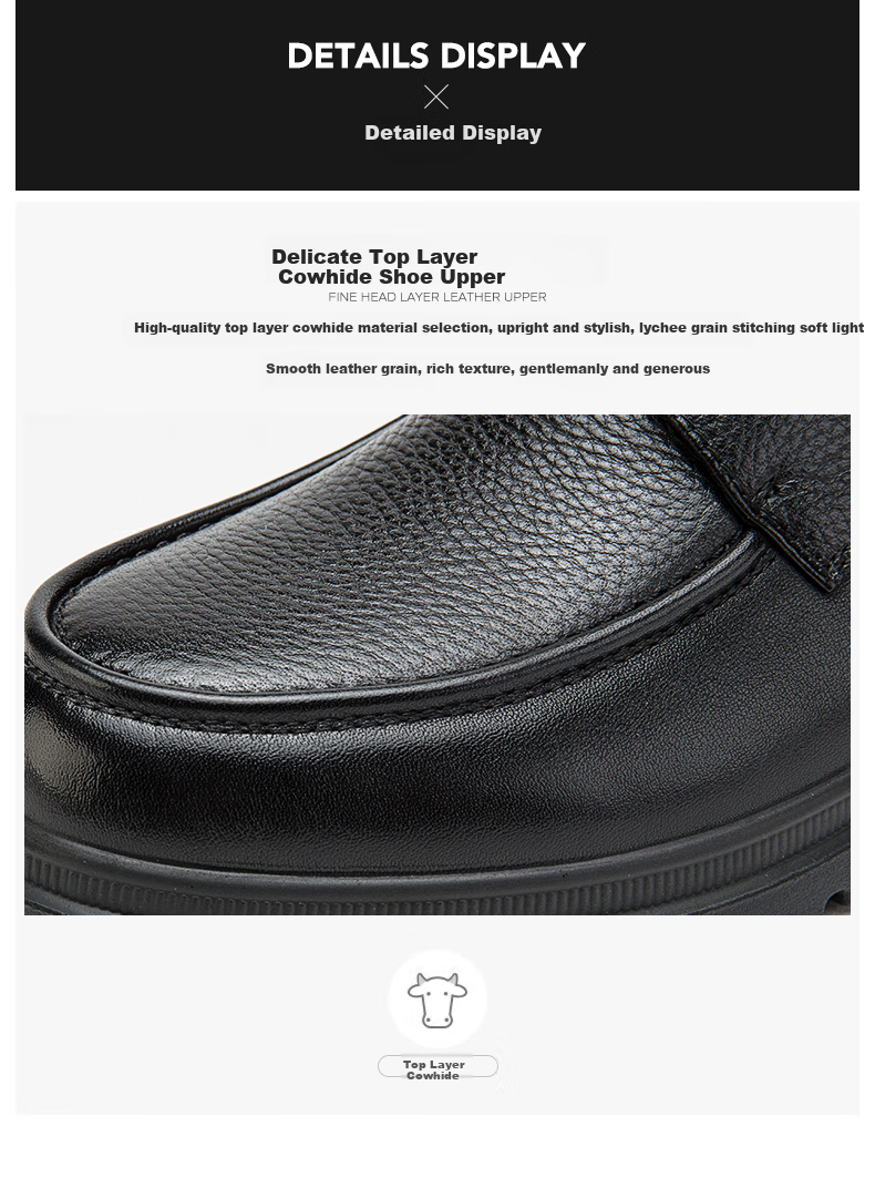 CAMEL Leather Shoes for Men, Business Casual Dad Cowhide Shoes, Soft Sole Comfortable Commuter P15A211018 Black Size 38 5