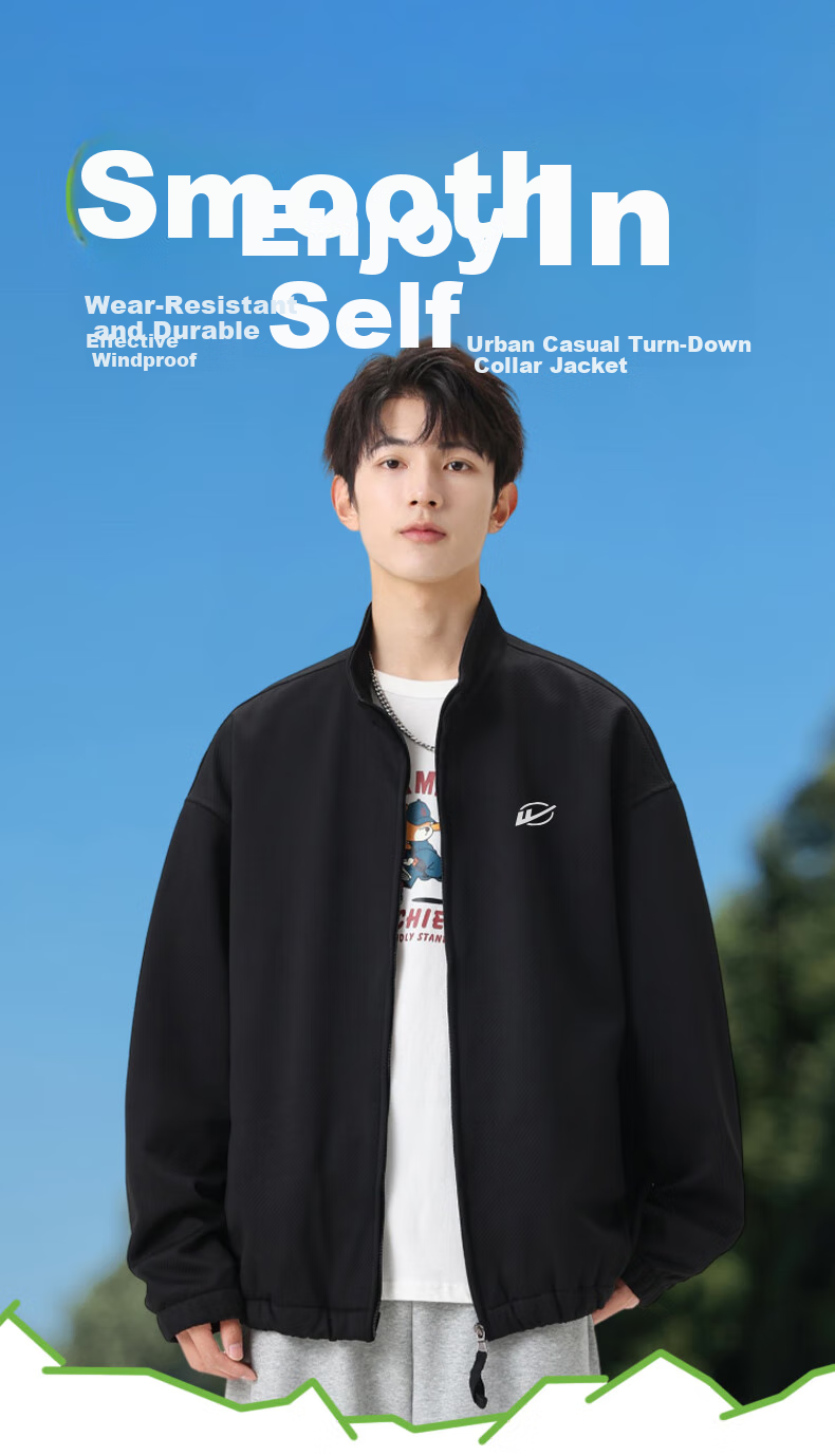 Huili Men's Jacket, Autumn Casual Simple Coat, Twill Stand Collar, Windproof Loose Versatile Outerwear for Men, Black, 3XL 2