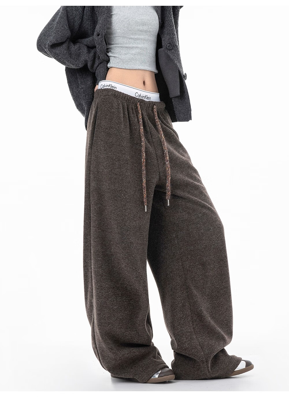 ICH MODE Women's American Style Fleece-Lined Casual Loose Fit Lazy Straight Wide-Leg Sports Pants Thickened Sweatpants Glutinous Rice Color XL 19