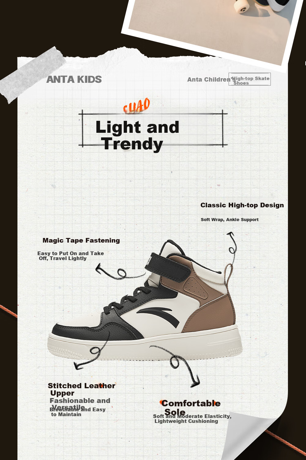 ANTA Children's Sports Shoes for Boys, Big Kids' Size 25, Autumn And Winter Casual Shoes, White Sneakers, High-Top Skateboard Shoes A12438004H 15