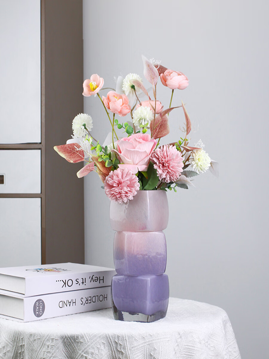 Qiju Yaji Glass Vase Stacking Sugar Cube Luxury High-End Living Room Entryway Water Planting Flower Arrangement Decoration Three Compartments Purple 30214 1