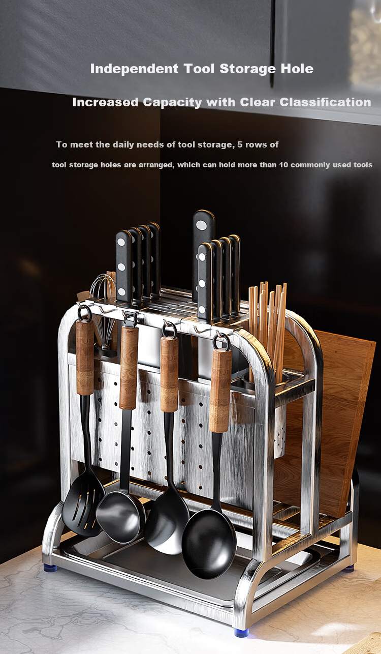 JD Original Silver Knight Knife Holder, Multi-Functional Cutting Board Rack, Knife Storage Rack with Pot Lid And Chopstick Holder [304 Stainless Steel] 3