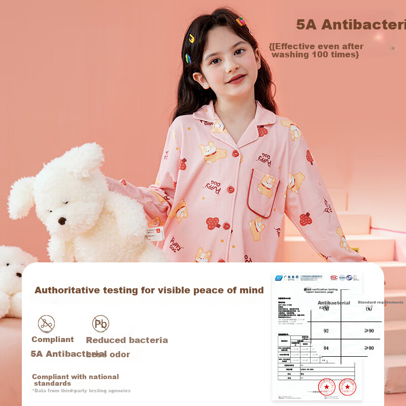 Fenteng Children's Pajamas for Girls, Antibacterial Pure Cotton Spring Cartoon Long-Sleeve Sleepwear for Older Kids