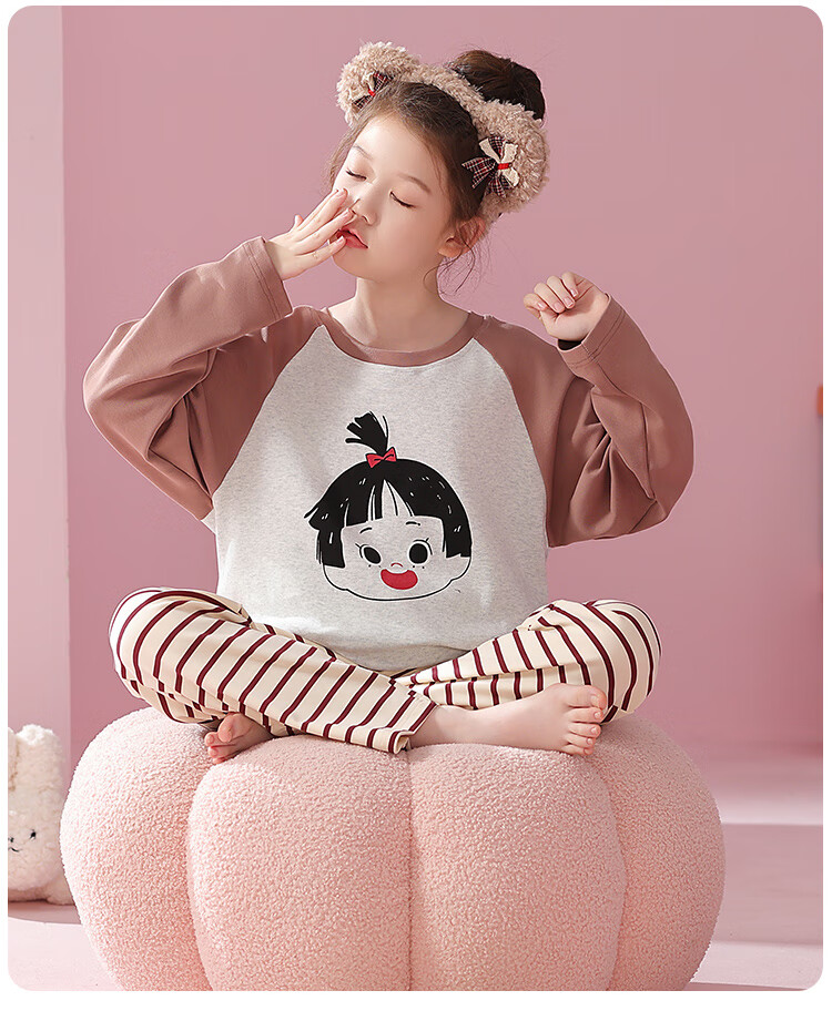 Hodo Children's Homewear 100% Cotton Antibacterial Girls' Warm Base Layer Long Sleeve Pajama Set Khaki 120 16