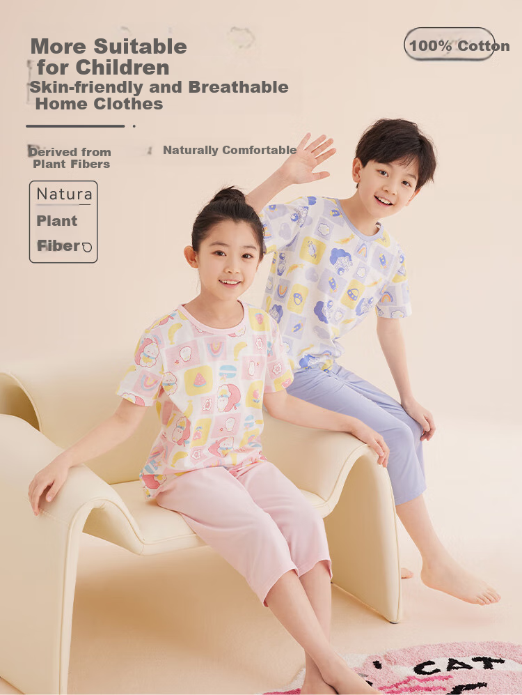 Hodo Children's Pajamas Short-Sleeve Home Wear Set for Boys And Girls, Summer Pure Cotton Casual Two-Piece Set J3303 Light Blue 140 1