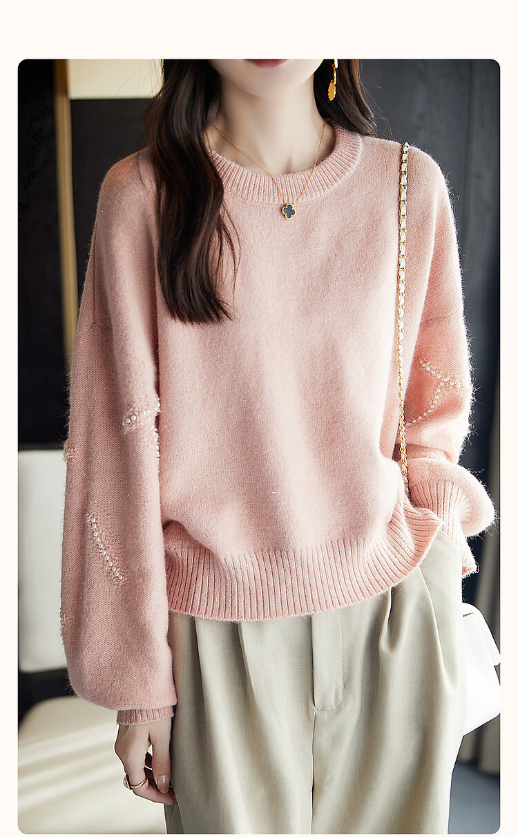 Dme Elegant Winter Round Neck Long Sleeve Sweater for Women with Beaded Jacquard Design, Fashionable Knit Top, Light Pink, Size S 2