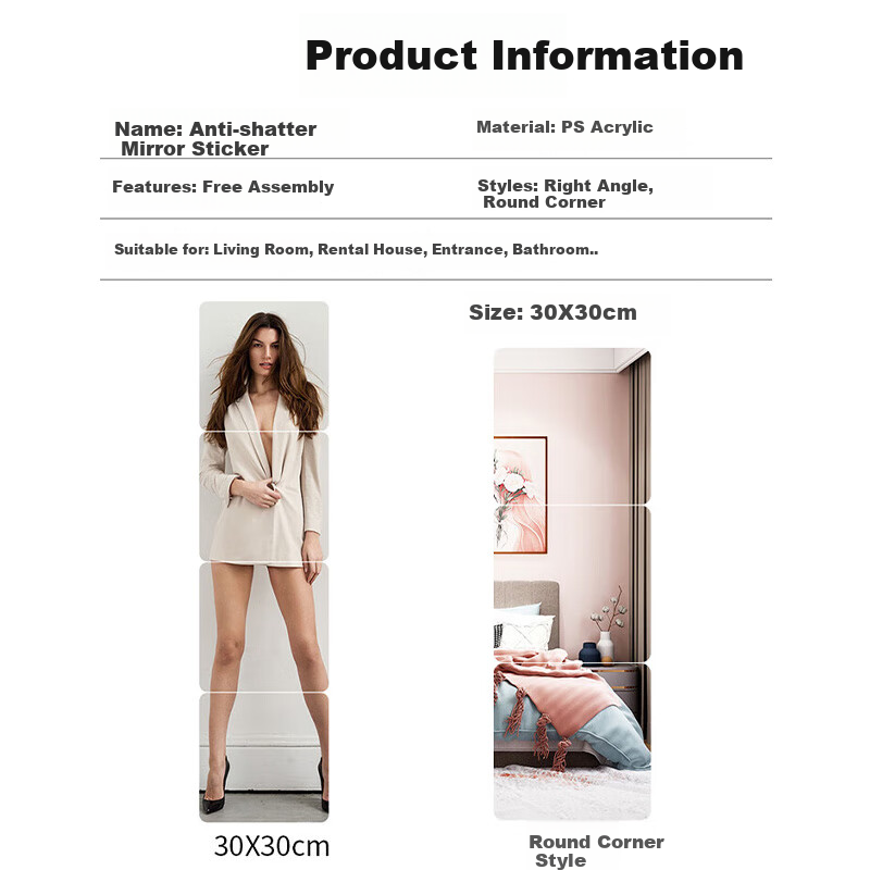 Lingchen Self-Adhesive Full-Length Mirror, No Drilling Required, Acrylic Anti-Breakage Mirror, Dressing Mirror for Rental Apartments, 30*30cm Trendy Wall-Mounted Soft Acrylic Mirror