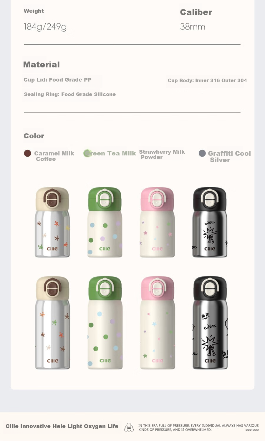 Cille Cute Sweet Dual-Use Insulated Cup, 316 Stainless Steel Water Bottle for Men, Women, Students, Children, Outdoor Portable Compact Pocket Cup 15
